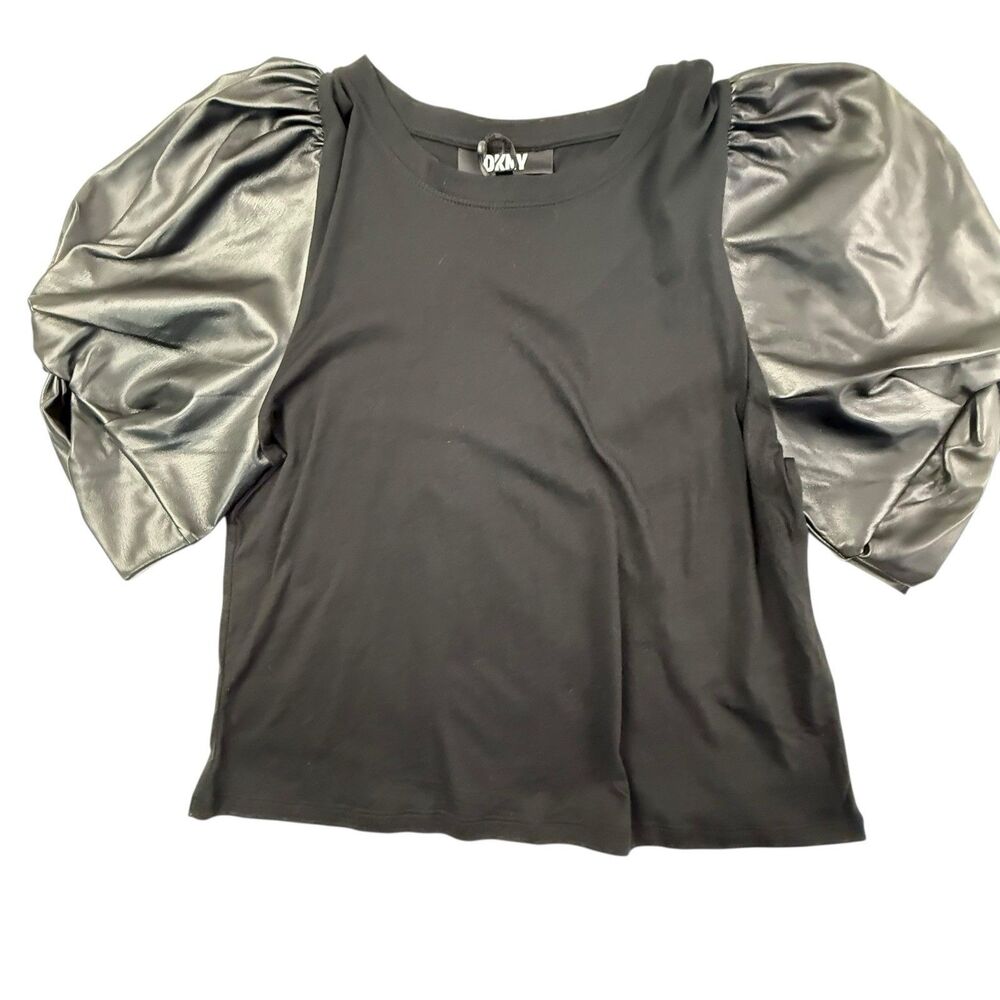 NEW DKNY Vegan Leather Puff Short Sleeve Knit Pullover Top Women Large Black